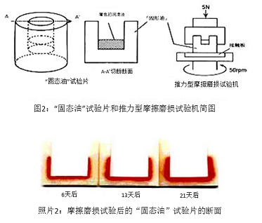 圖2:“固態(tài)油”試驗片和推力型摩擦磨損試驗機(jī)簡圖&照片2:摩擦磨損試驗后的“固態(tài)油”試驗片的斷面