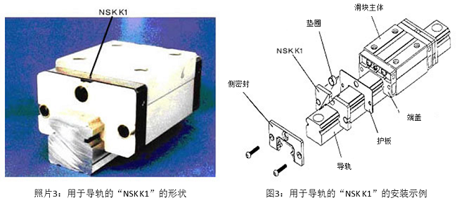 照片3:用于導(dǎo)軌的“NSK K1”的形狀&圖3:用于導(dǎo)軌的“NSK K1”的安裝示例